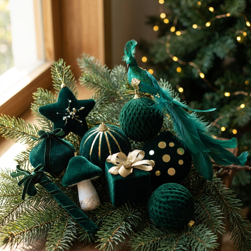 Velvet Christmas ornaments styled on a tree
