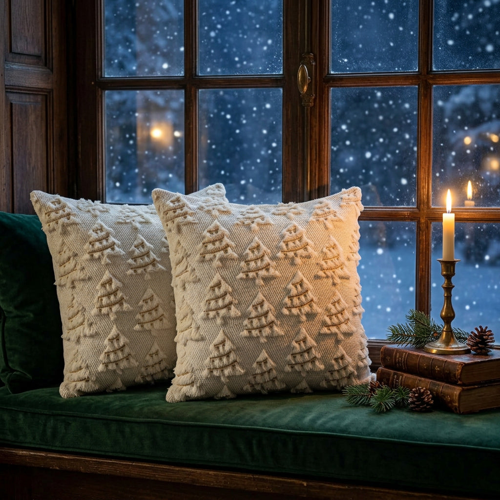 Beige Christmas tree pillow covers, set of 2, 18x18