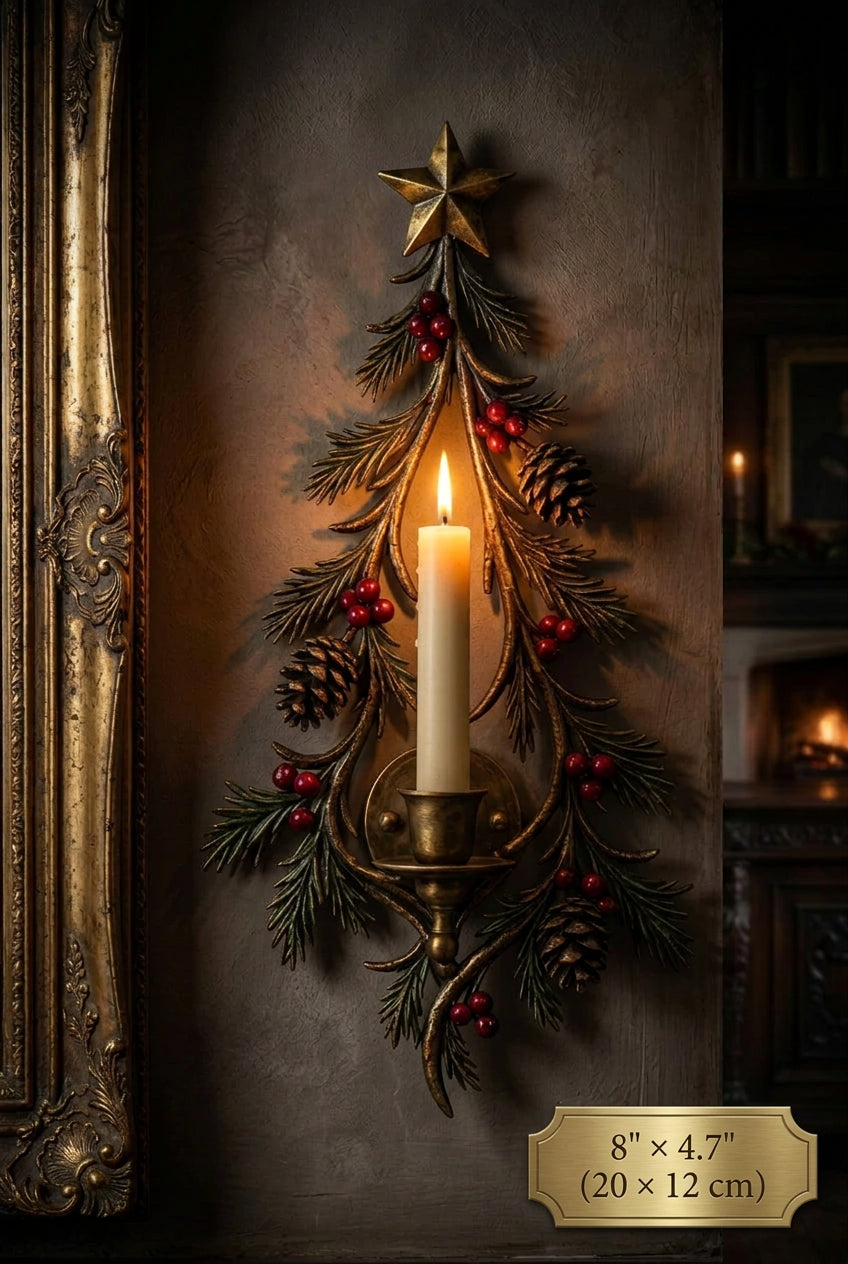 Christmas tree candle holder with pine and red berries