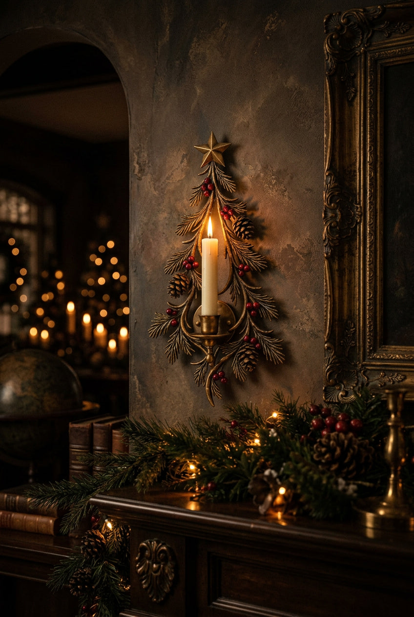 Vintage gold Christmas tree candle holder hanging on a wall
