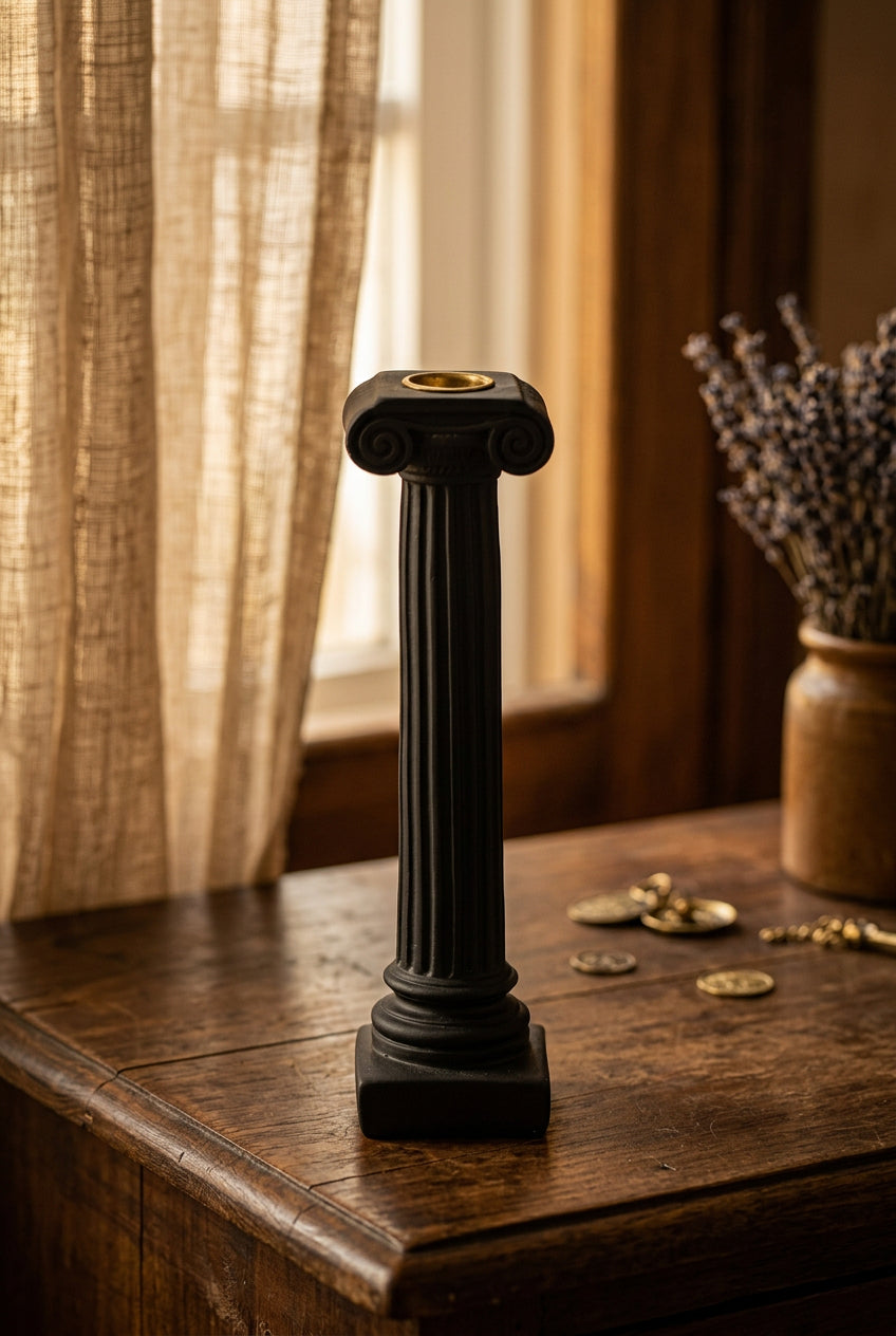 Small black Roman column taper candlestick, 9 inches tall