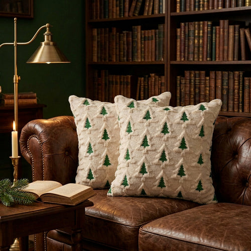 Beige Christmas tree pillow covers set of 2 on a cozy sofa