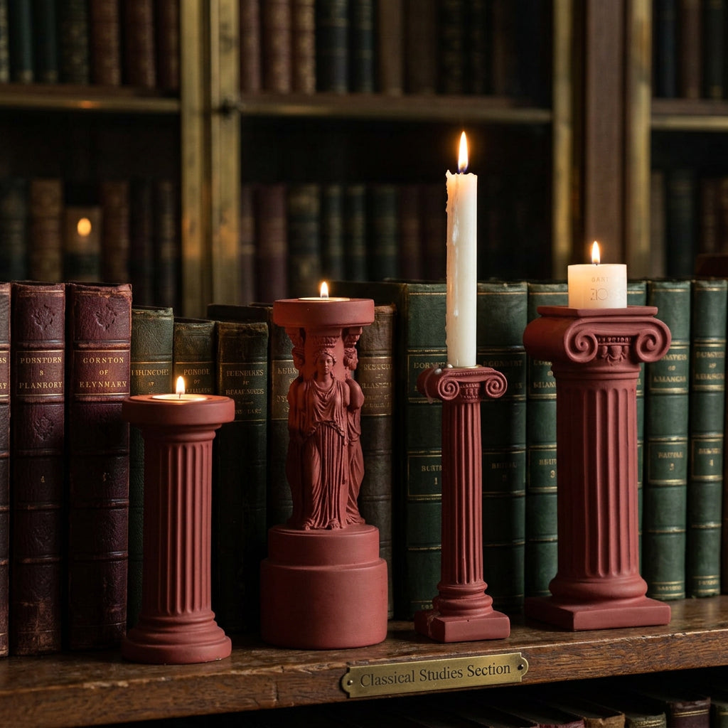 Burgundy goddess statue and Roman column candle holders on a dark library bookshelf with candlelight