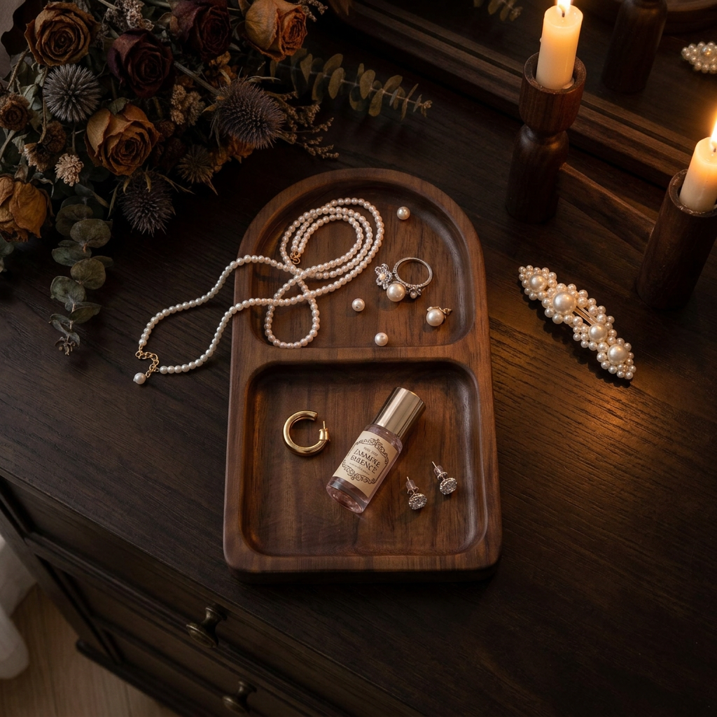 Arched wooden trinket tray with pearls