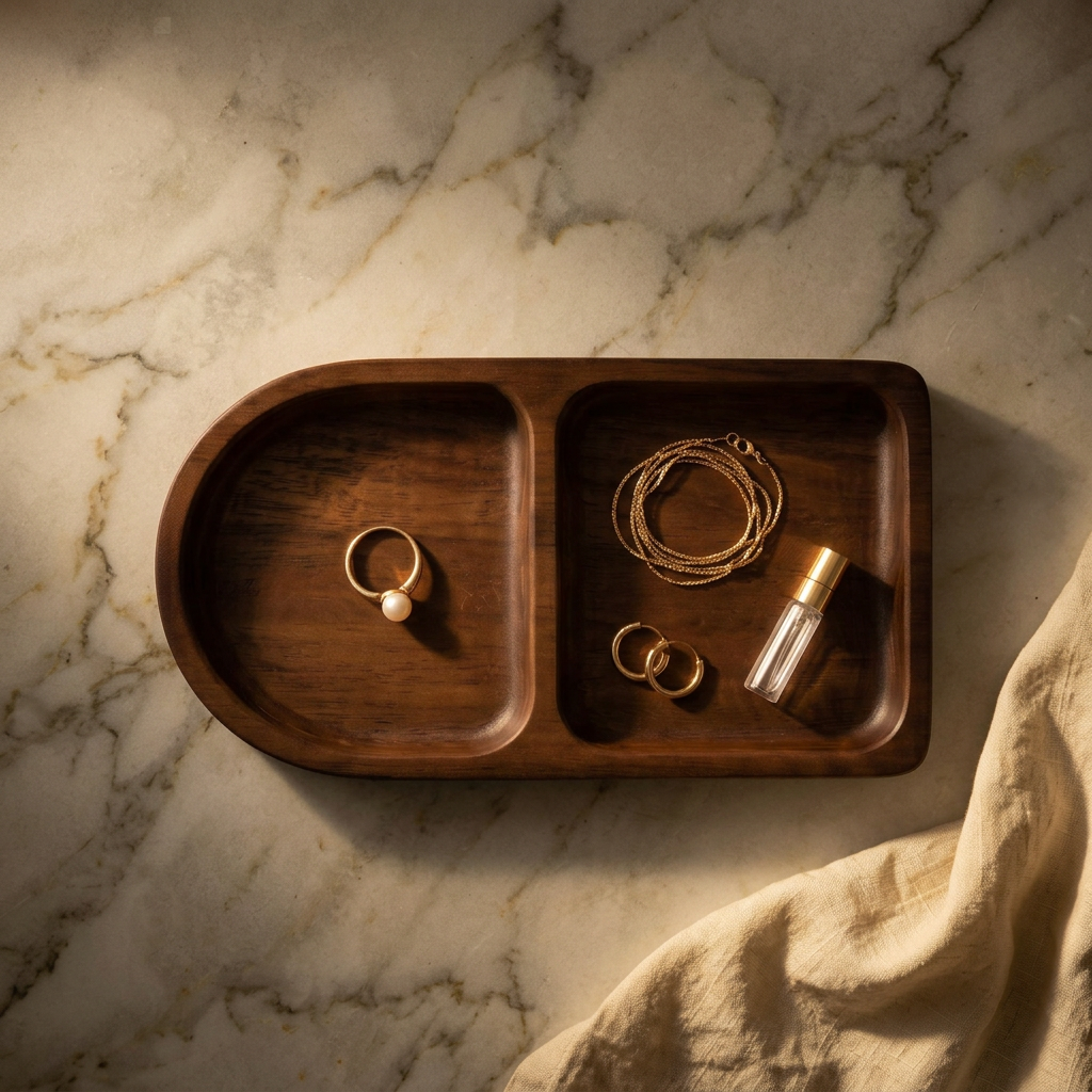 Wooden jewelry tray holding a gold chain
