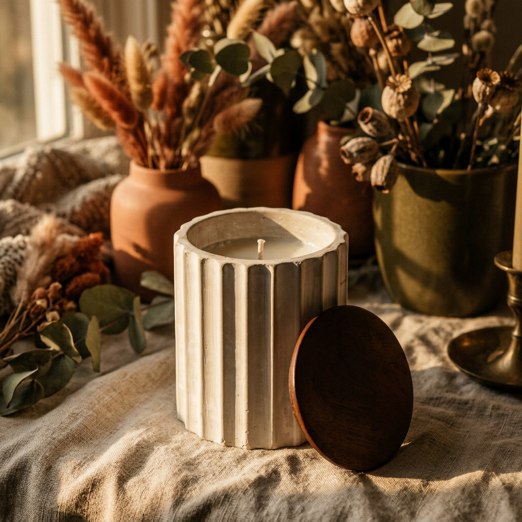 Vanilla lavender candle beside a bed