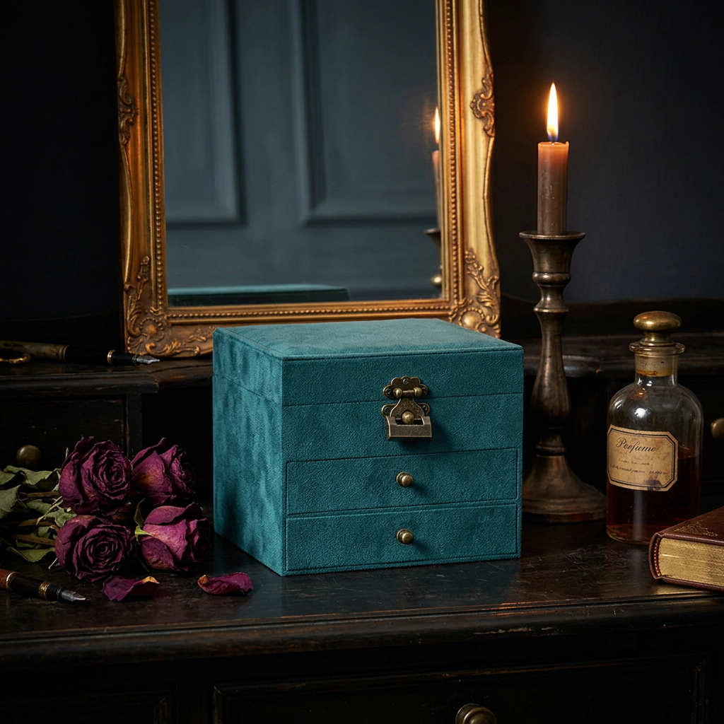 Closed dark green wooden jewelry box with bronze-tone clasp on a vanity