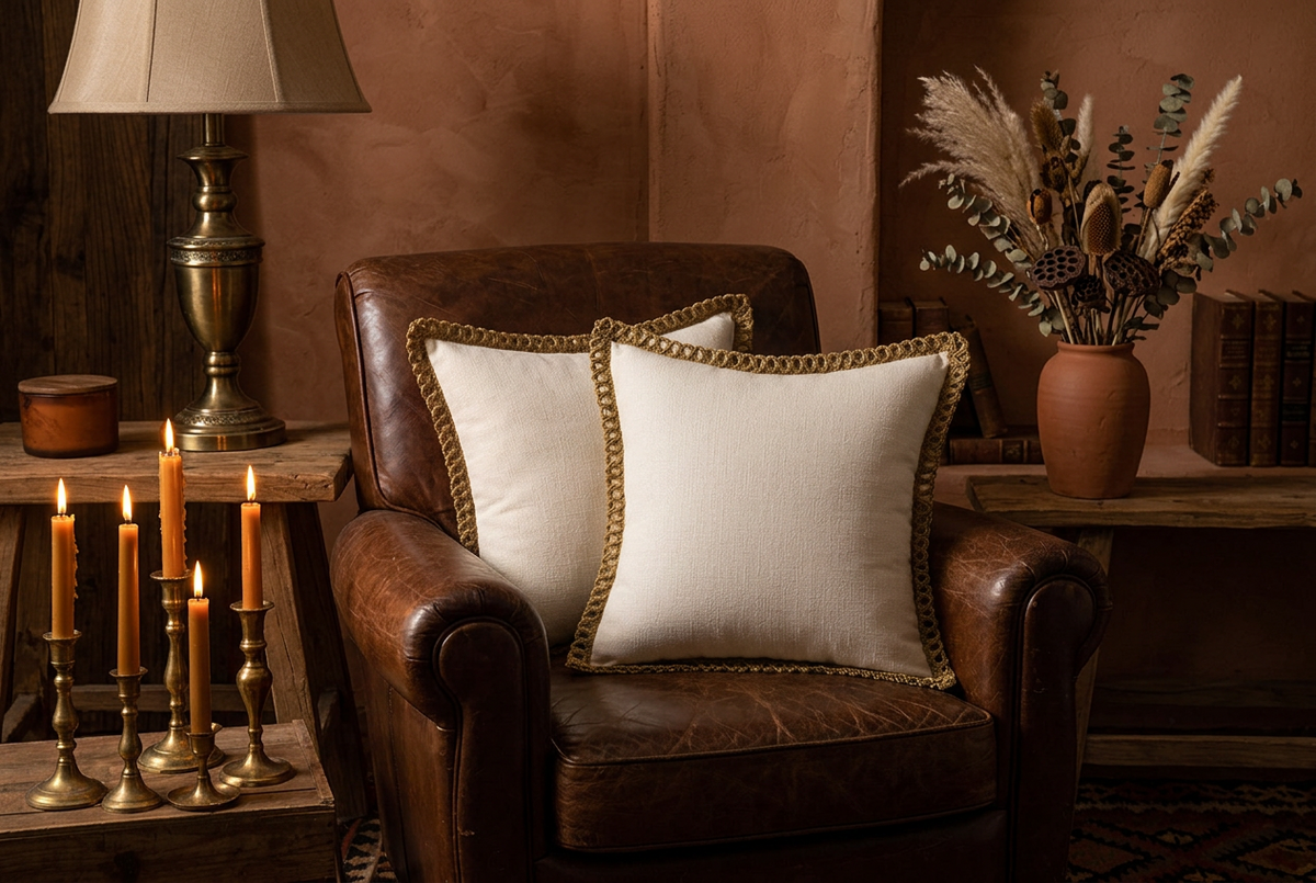 Creamy white hemp rope trim pillow cover on a chair