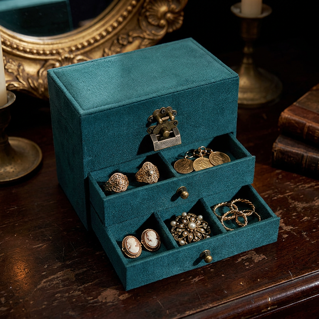 Flannel-lined drawers of the green jewelry box with compartments for bracelets and studs