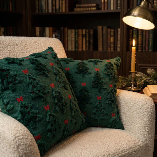 Dark green bow Christmas tree pillow covers, set of 2, 18x18