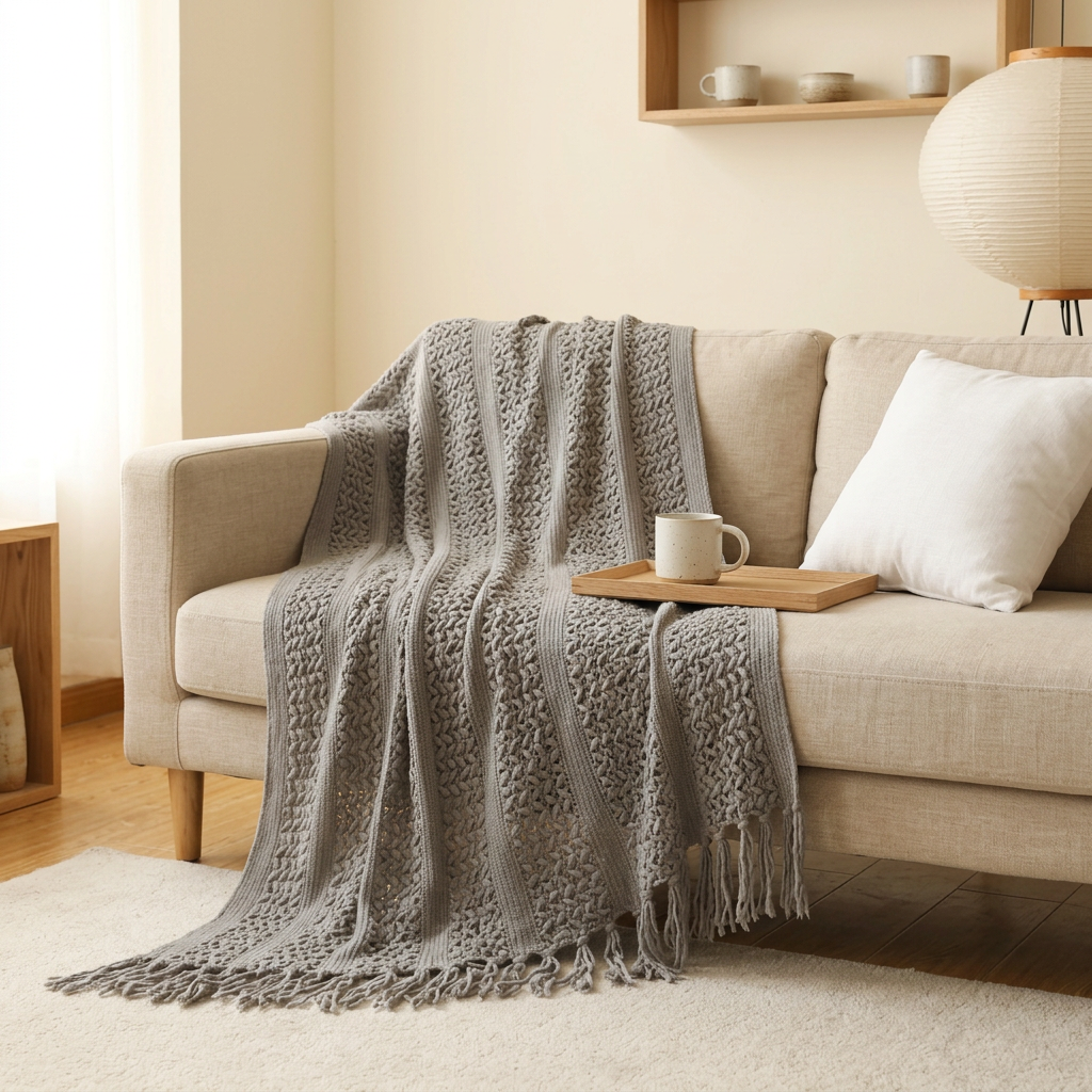 Light gray knitted throw blanket with tassels