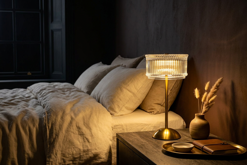 Crystal-look table lamp on a moody bedroom nightstand