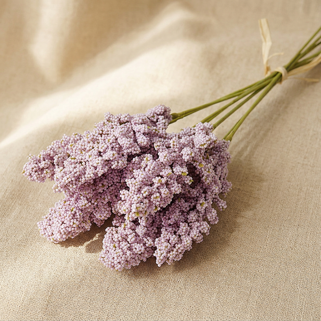 Light purple lavender-look faux wildflower bouquet on linen, 6 stems