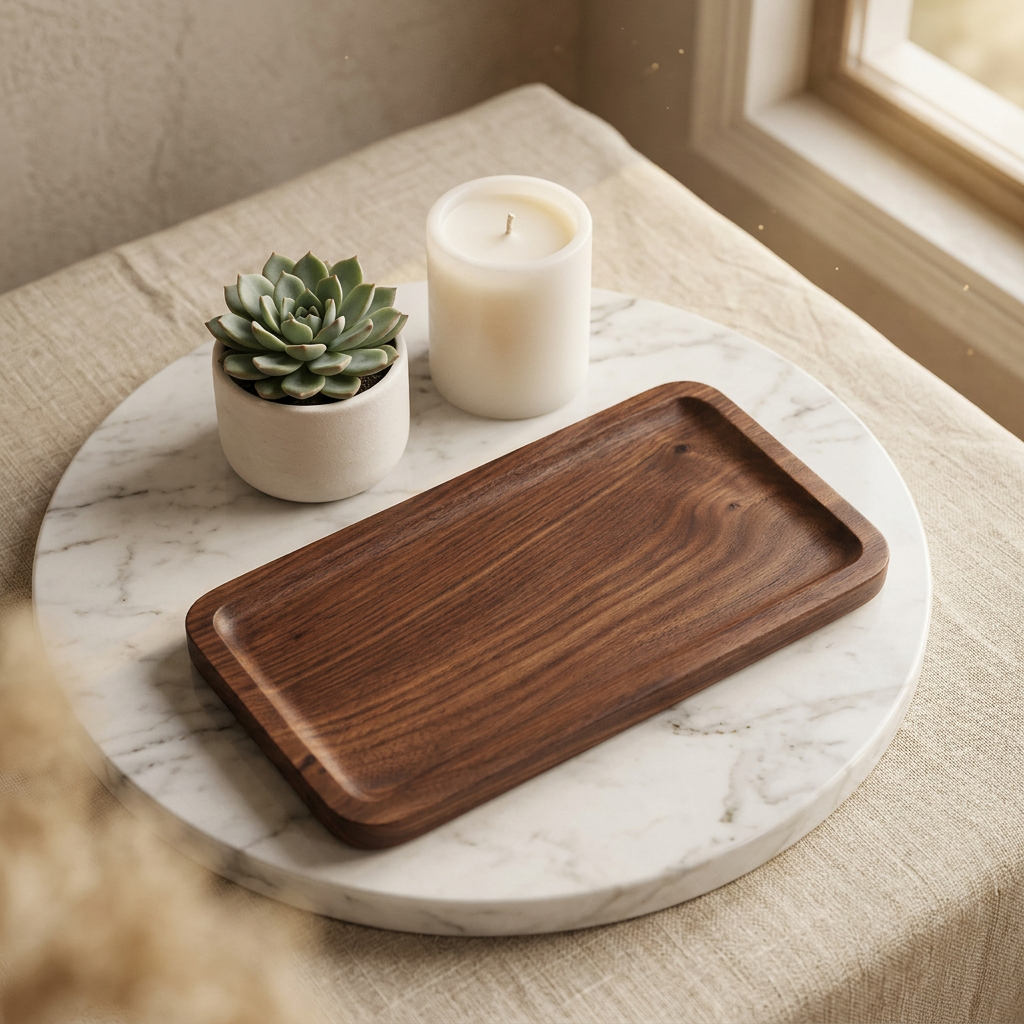 Dark walnut-tone solid wood catchall tray on a nightstand