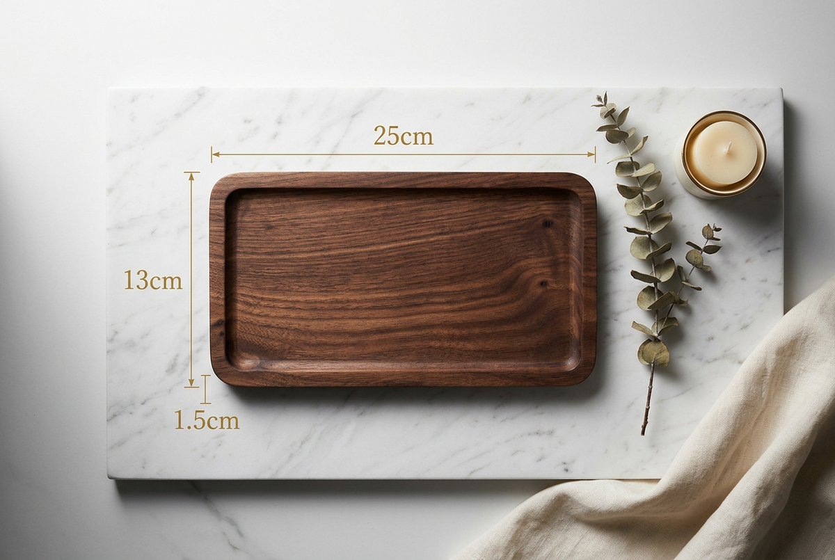 Walnut-tone wood catchall tray dimensions, about 9.8 x 5.1 inches