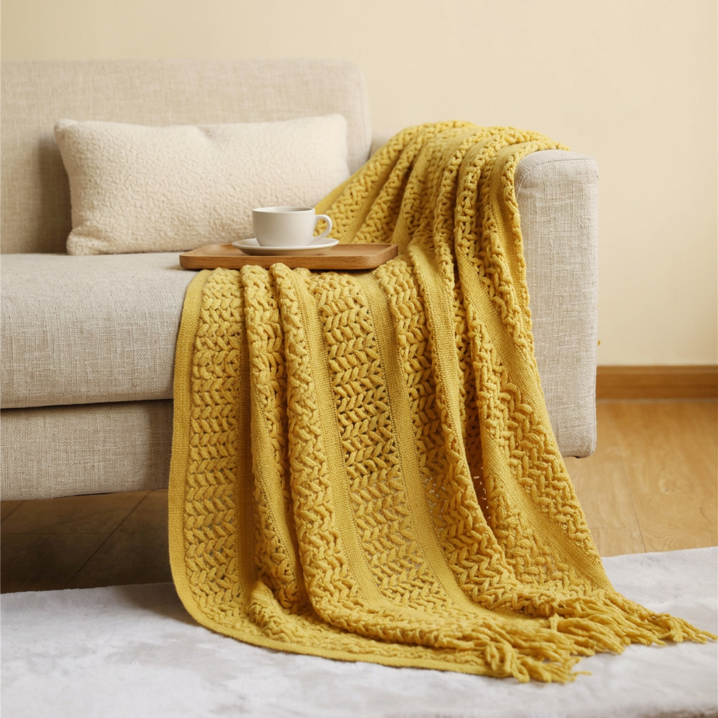 Mustard yellow knitted throw blanket with tassels