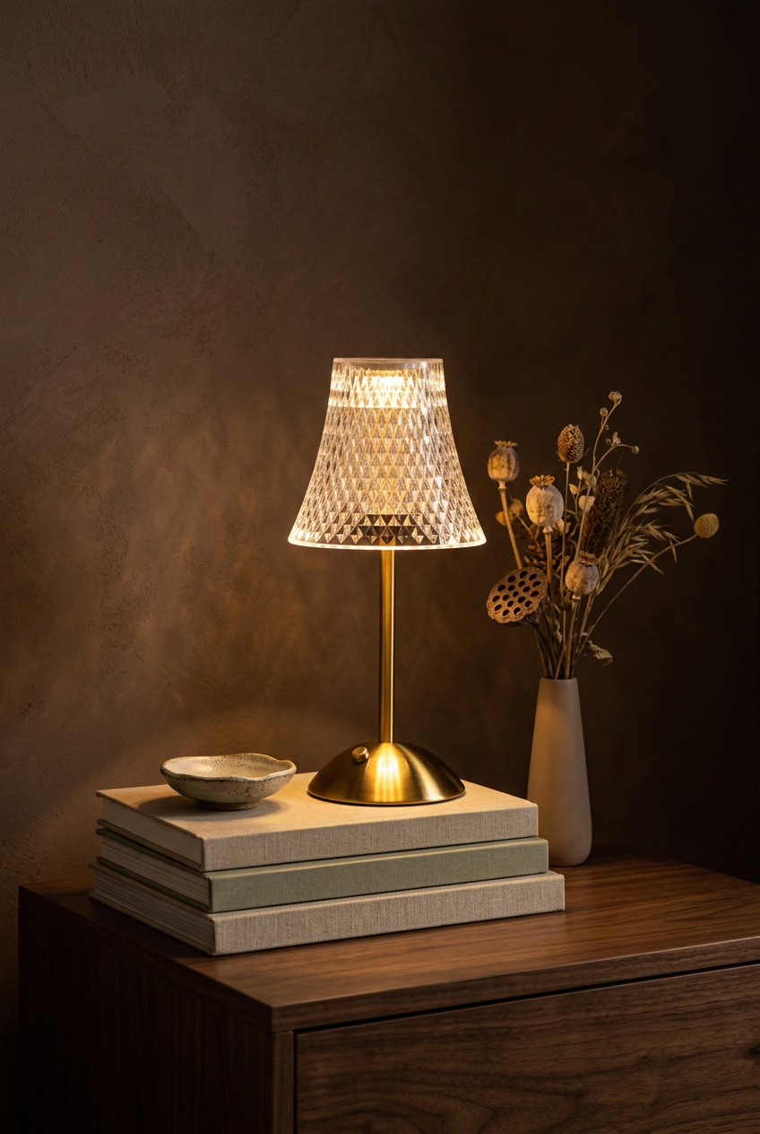 Cordless ribbed table lamp with gold-tone base