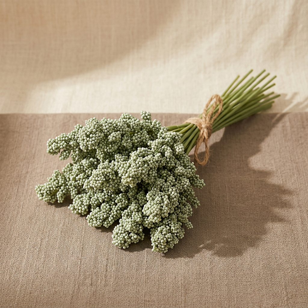 Dark green faux wildflower bouquet on linen, 6 stems