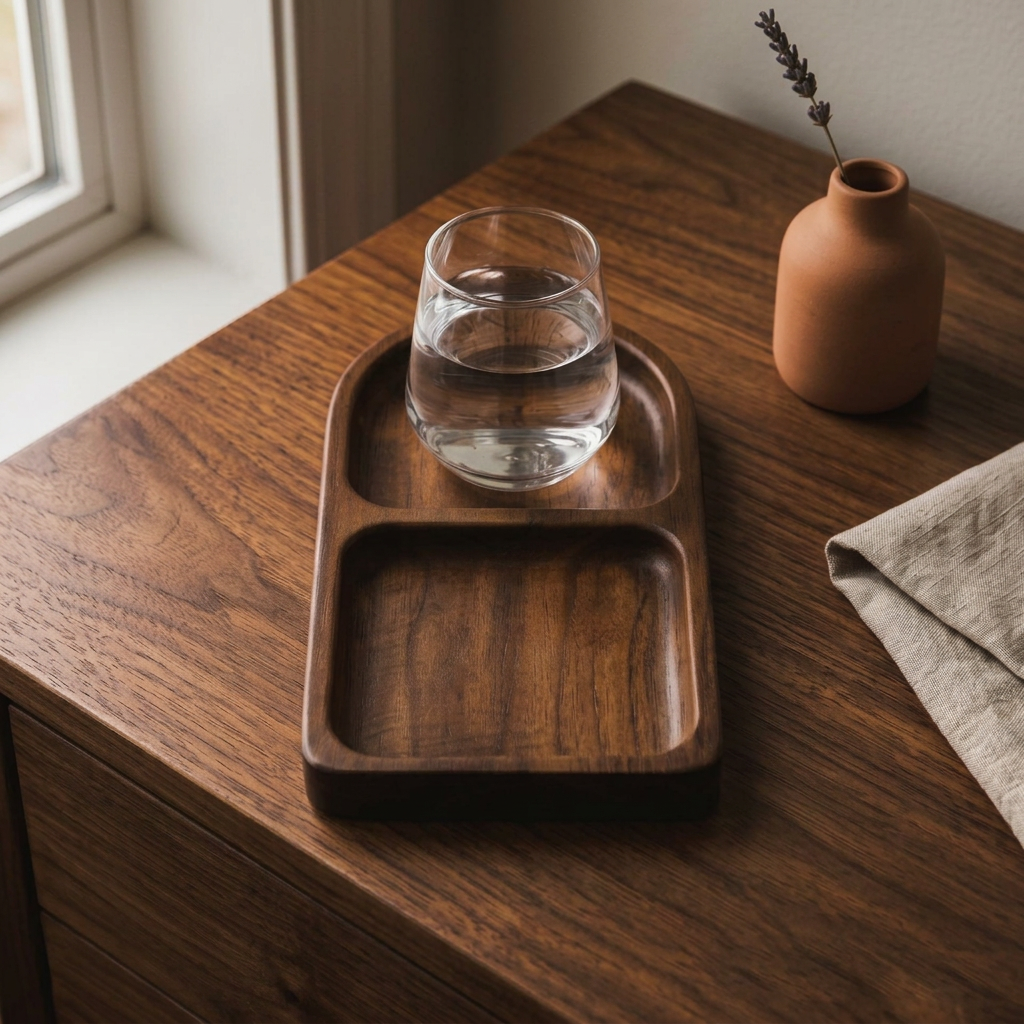 Wooden jewelry tray on a nightstand in natural light