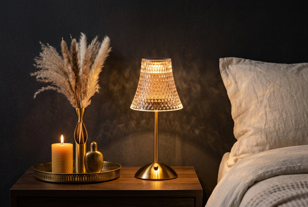 Cordless ribbed table lamp in a cozy room